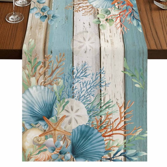 Table Runners 120 Inches Long Dress Scarves, Teal Brown Beach Coastal Farmhouse Coffee/Dining/Kitchen Table Runner for Living Room, Summer Nautical Coral Shell Botanical Vintage 13x120 Inch