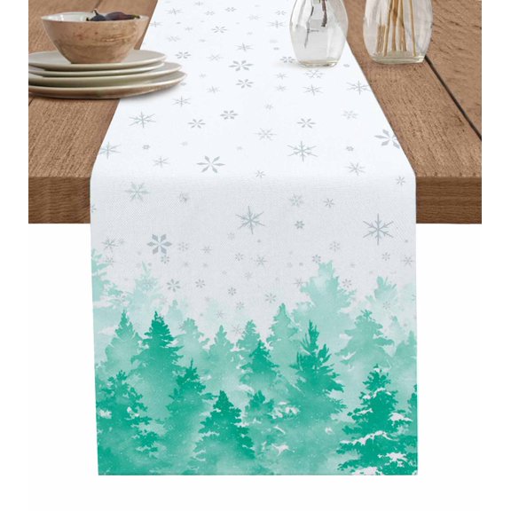 Table Runners 120 Inches Long Dress Scarves, Teal Green Christmas Farmhouse Coffee/Dining/Kitchen Table Runner for Living Room, Winter Snowflake Abstract Forest Tree 13x120 Inch