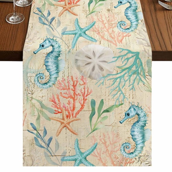 Table Runners 120 Inches Long Dress Scarves, Teal Red Coastal Farmhouse Coffee/Dining/Kitchen Table Runner for Living Room, Nautical Seahorse Beach Coral Starfish Beige 13x120 Inch