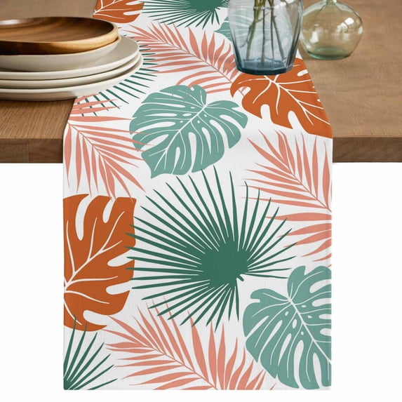 Table Runners 120 Inches Long Dress Scarves, Turquoise Orange Palm Leaves Farmhouse Coffee/Dining/Kitchen Table Decor Table Runner for Living Room, Tropical Botanical Summer 13x120 Inch