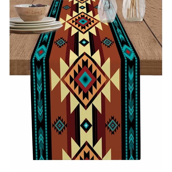 Table Runners 120 Inches Long Dress Scarves, Turquoise Red Farmhouse Coffee/Dining/Kitchen Table Runner for Living Room, Southwest American Native Abstract Pattern 13x120 Inch