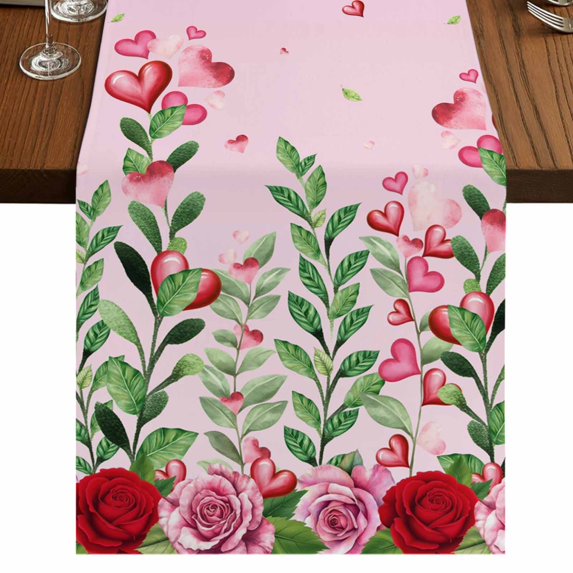 Table Runners 120 Inches Long Dress Scarves, Valentine's Day Farmhouse Coffee/Dining/Kitchen Table Runner for Living Room, Pink Red Roses Love Heart Eucalyptus Gradient 13x120 Inch