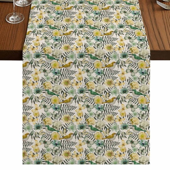 Table Runners 120 Inches Long Dress Scarves, Vintage Flowers Farmhouse Coffee/Dining/Kitchen Table Runner for Living Room, Spring Yellow Green Floral Country Leaves Birds 13x120 Inch
