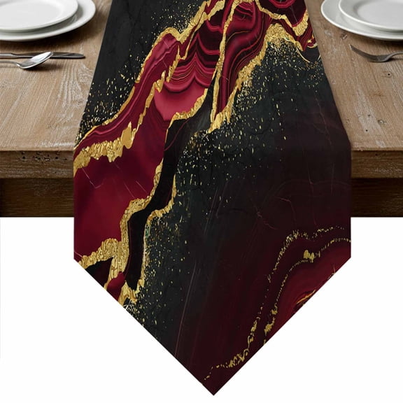 Table Runners 120 Inches Long, Red Marble Cotton Linen Kitchen Dining Coffee Table Runner for Party Home Decor, Gold Abstract Vintage Modern Ombre Art Tabletop Dresser Scarves Runner 13x120 Inch