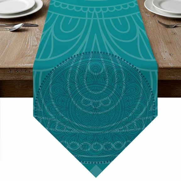 Table Runners 120 Inches Long, Teal Boho Cotton Linen Kitchen Dining Coffee Table Runner for Party Home Decor, Farmhouse Abstract Geometric Aesthetic Art Tabletop Dresser Scarves Runner 13x120 Inch