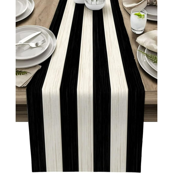 Table Runners 13X108 Inches Extra Long, Black and White Striped ,Cotton Linen Farmhouse Retro Rustic Barn Wood Texture Tablecloths Non-Slip Party Table Decorations for Kitchen ,Home ,Dining ,Outdoor,