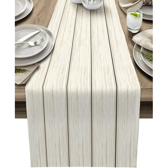Table Runners 13X108 Inches Extra Long, Ivory White,Cotton Linen Farmhouse Retro Rustic Barn Wood Texture Tablecloths Non-Slip Party Table Decorations for Kitchen,Home,Dining,Outdoor,
