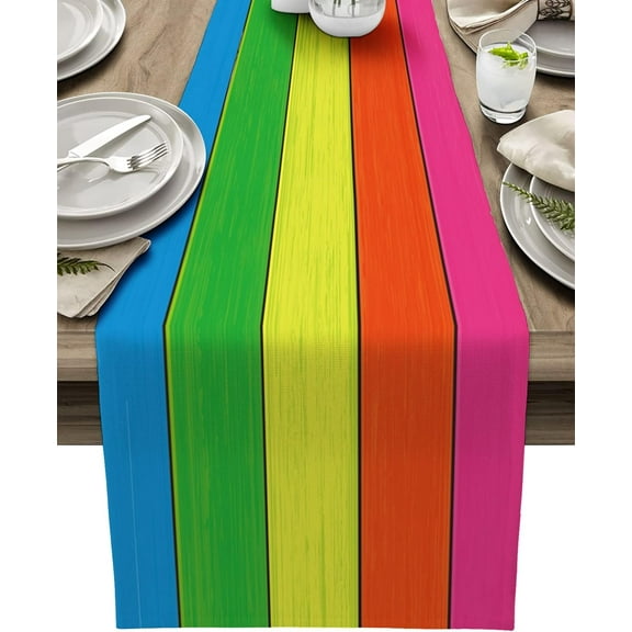 Table Runners 13X108 Inches Extra Long,Rainbow,Cotton Linen Farmhouse Wood Texture Tablecloths Non-Slip Party Table Decor for Kitchen ,Home ,Dining ,Outdoor, Lime Green,Orange,Pink,Yellow,Sky Blue