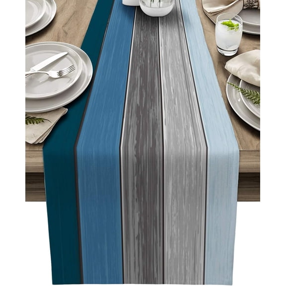 Table Runners 14X48 Inches Long, Ombre Blue Gray ,Cotton Linen Farmhouse Retro Rustic Barn Wood Texture Tablecloths Non-Slip Party Table Decorations for Kitchen ,Home ,Dining ,Outdoor, Ocean Hues