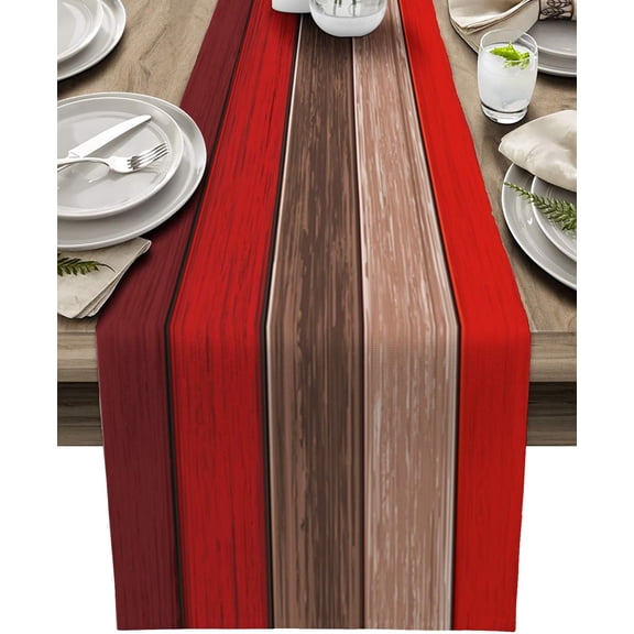 Table Runners 14X48 Inches Long, Ombre Christmas Red Brown ,Cotton Linen Farmhouse Retro Rustic Barn Wood Texture Tablecloths Non-Slip Party Table Decorations for Kitchen ,Home ,Dining ,Outdoor,