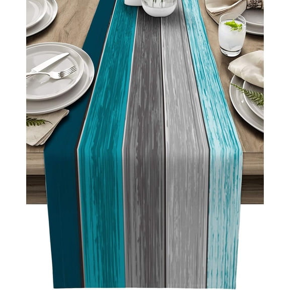 Table Runners 14X48 Inches Long, Ombre Peacock Blue Gray,Cotton Linen Farmhouse Retro Rustic Barn Wood Texture Tablecloths Non-Slip Party Table Decorations for Kitchen,Home,Dining,Outdoor,