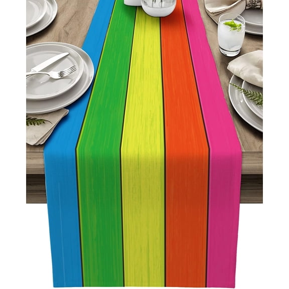 Table Runners 14X48 Inches Long,Rainbow,Cotton Linen Farmhouse Wood Texture Tablecloths Non-Slip Party Table Decor for Kitchen,Home,Dining,Outdoor, Lime Green,Orange,Pink,Yellow,Sky Blue