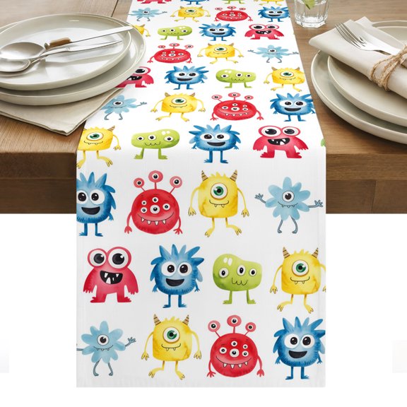 Table Runners-36 Inch Long,Abstract Cartoon Monsters Linen Dresser Scarves Dining Table Runner Seamless Colorful Cute Alien Tabletop Scarf for Home Kitchen Holiday Party Decor