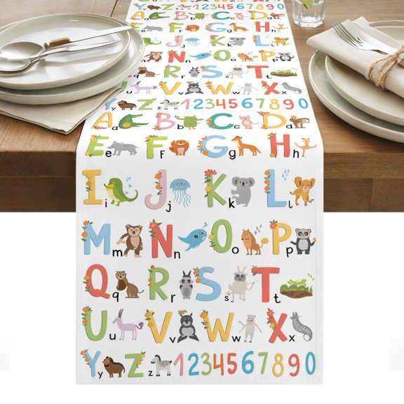 Table Runners-36 Inch Long,Alphabet Number Cartoon Linen Dresser Scarves Dining Table Runner English Letter Tabletop Scarf for Home Kitchen Holiday Party Decor