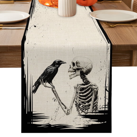 Table Runners-36 Inch Long,Halloween Horror Skeleton Crow Linen Dresser Scarves Dining Table Runner Skull Retro Black Linen Tabletop Scarf for Home Kitchen Holiday Party Decor