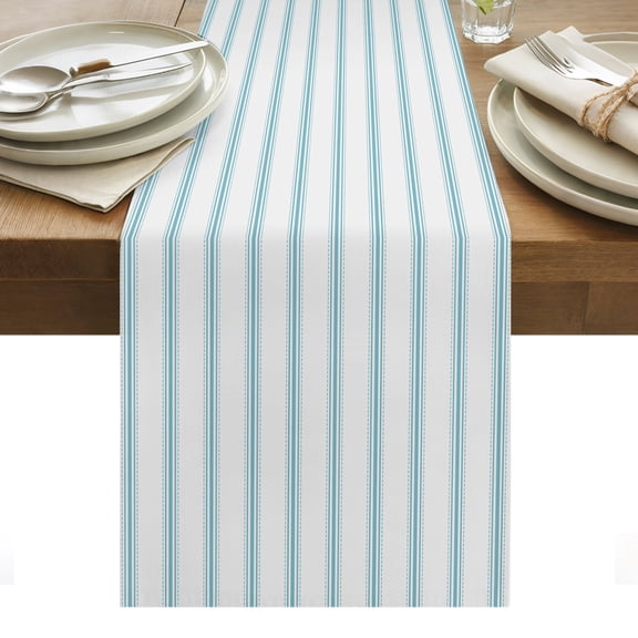 Table Runners-36 Inch Long,Ocean Blue Stripes Seamless Ticking Stripe Linen Dresser Scarves Dining Table Runner Farmhouse Pinstripe Tabletop Scarf for Home Kitchen Holiday Party Decor