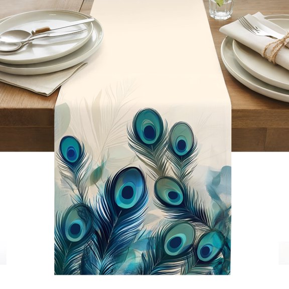 Table Runners-36 Inch Long,Peacock Feathers on Beige Linen Dresser Scarves Dining Table Runner Abstract Pattern Tabletop Scarf for Home Kitchen Holiday Party Decor