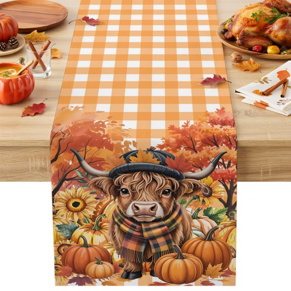 Table Runners-36 Inch Long,Scottish Highland Cow Linen Dresser Scarves Dining Table Runner Country Pumpkins Check Tabletop Scarf for Home Kitchen Holiday Party Decor