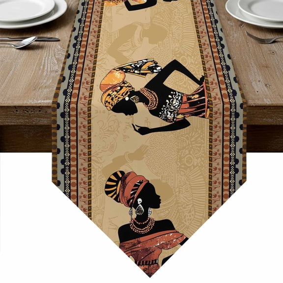 Table Runners 36 Inches Long, African Black Women Cotton Linen Kitchen Dining Coffee Table Runner for Party Home Decor, Boho Ethnic Tribe Vintage Brown Tabletop Dresser Scarves Runner 13x36 Inch