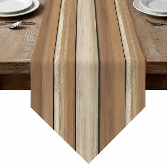 Table Runners 36 Inches Long, Brown Khaki Wooden Cotton Linen Kitchen Dining Coffee Table Runner for Party Home Decor, Vintage Farmhouse Retro Art Tabletop Dresser Scarves Runner Decor 13x36 Inch
