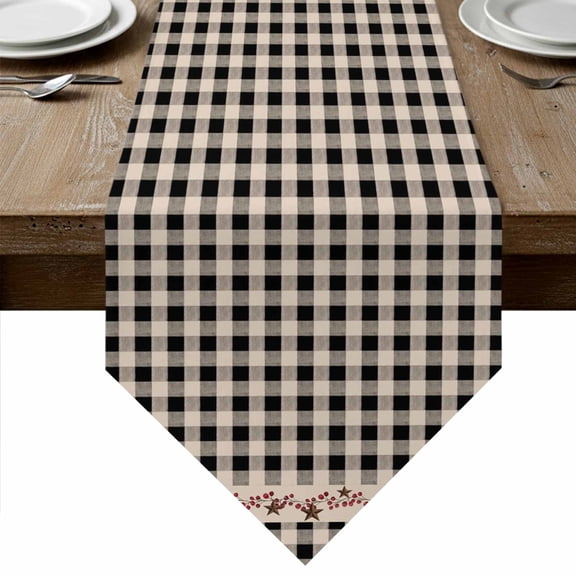 Table Runners 36 Inches Long, Country Star Plaid Cotton Linen Kitchen Dining Coffee Table Runner for Party Home Decor, Black Retro American Farm Barn Berry Tabletop Dresser Scarves 13x36 Inch