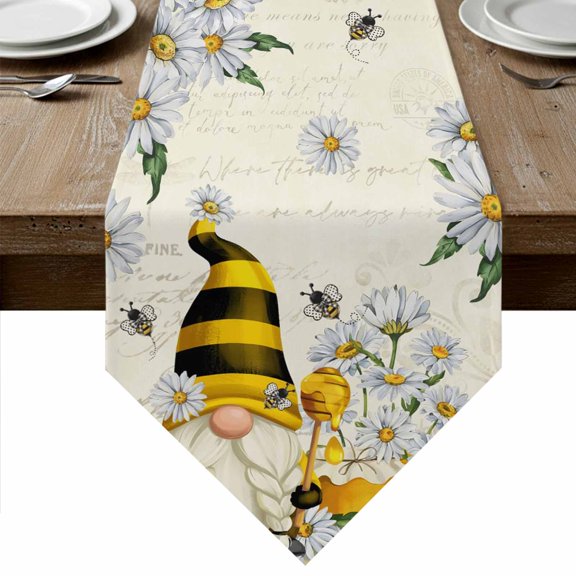 Table Runners 36 Inches Long, Daisy Floral Cotton Linen Kitchen Dining Coffee Table Runner for Party Home Decor, Vintage Rustic Bee Gnomes Flowers Tabletop Dresser Scarves Runner Decor 13x36 Inch