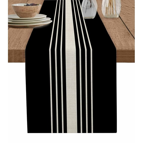 Table Runners 36 Inches Long Dress Scarves, Black Beige Striped Farmhouse Kitchen/Dining Table Runner, Short Coffee Tablerunners, Modern Farmhouse Retro Lines 13x36 Inch