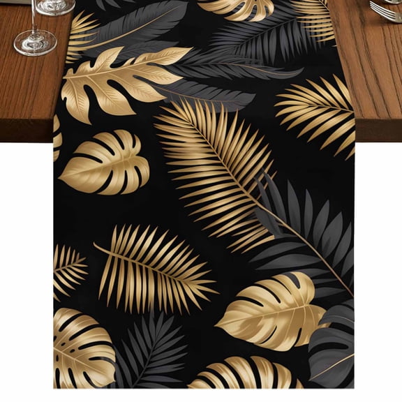 Table Runners 36 Inches Long Dress Scarves, Black Golden Palm Leaf Farmhouse Kitchen Table Runner, Short Coffee Tablerunners, Tropical Plant Modern Luxury 13x36 Inch