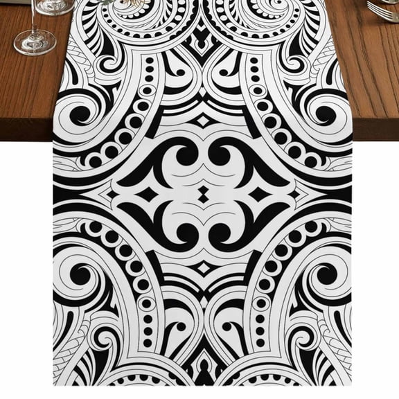 Table Runners 36 Inches Long Dress Scarves, Black Polynesia Texture Farmhouse Kitchen Table Runner, Short Coffee Tablerunners, Retro Flowers Tribes Abstract Art 13x36 Inch