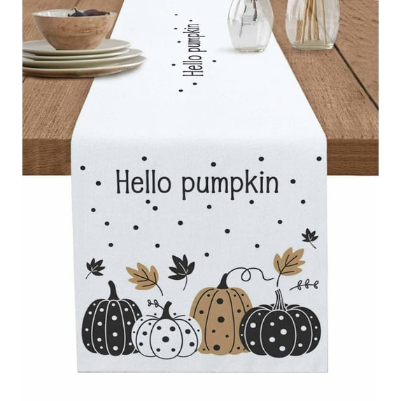 Table Runners 36 Inches Long Dress Scarves, Black Pumpkin Farmhouse Kitchen/Dining Table Runner, Short Coffee Tablerunners, Fall Brown Thanksgiving White Dot Leaf 13x36 Inch