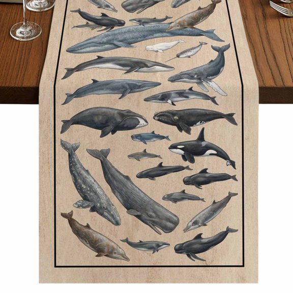 Table Runners 36 Inches Long Dress Scarves, Blue Ocean Whales Farmhouse Kitchen/Dining Table Runner, Short Coffee Tablerunners, Retro Coastal Underwater Animal Brown 13x36 Inch