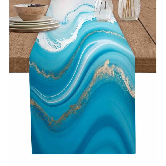 Table Runners 36 Inches Long Dress Scarves, Blue Waves Abstract Farmhouse Kitchen/Dining Table Runner, Short Coffee Tablerunners, Modern Water Ripple Striped 13x36 Inch