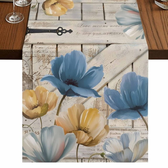 Table Runners 36 Inches Long Dress Scarves, Blue Yellow Tulips Farmhouse Kitchen/Dining Table Runner, Short Coffee Tablerunners, Retro Farmhouse Flower Barn Doors Wooden 13x36 Inch