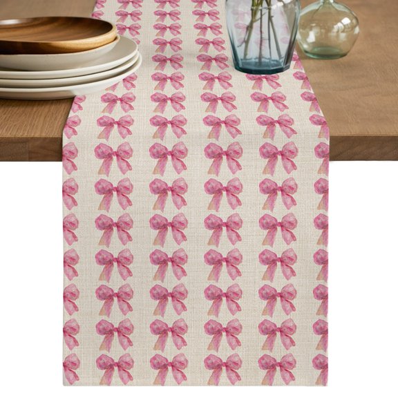 Table Runners 36 Inches Long Dress Scarves, Bowknot Pink Farmhouse Kitchen/Dining Table Decor Runner, Short Coffee Tablerunners, Farmouse Bow Ribbon Tie 13x36 Inch