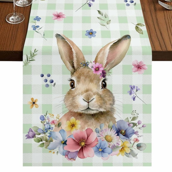 Table Runners 36 Inches Long Dress Scarves, Bunny Easter Farmhouse Kitchen Table Runner, Short Coffee Tablerunners, Green Plaid Spring Floral Pastoral 13x36 Inch