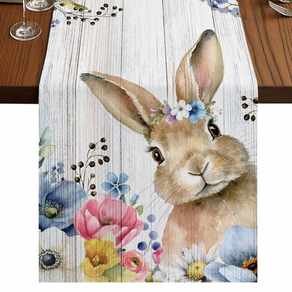 Table Runners 36 Inches Long Dress Scarves, Bunny Easter Farmhouse Kitchen Table Runner, Short Coffee Tablerunners, Spring Floral Blue Eucalyptus Leaves Wooden 13x36 Inch