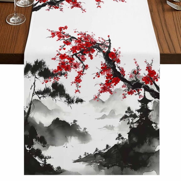 Table Runners 36 Inches Long Dress Scarves, Chinese Mountain Farmhouse Kitchen/Dining Table Runner, Short Coffee Tablerunners, Landscape Painting Red Plum Flowers 13x36 Inch