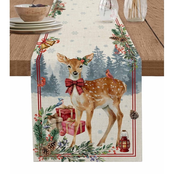 Table Runners 36 Inches Long Dress Scarves, Christmas Elk Farmhouse Kitchen/Dining Table Runner, Short Coffee Tablerunners, Xmas Pine Cones Gifts Snowflake Retro 13x36 Inch