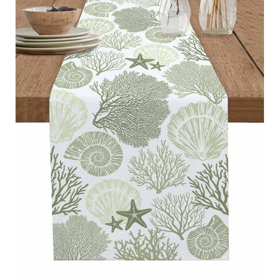 Table Runners 36 Inches Long Dress Scarves, Coastal Sage Green Farmhouse Kitchen/Dining Table Runner, Short Coffee Tablerunners, Ocean Coral Starfish Shell Modern 13x36 Inch