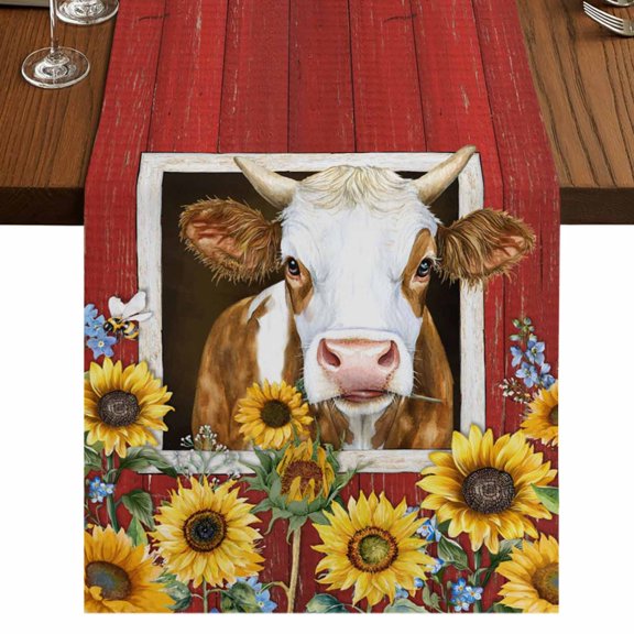 Table Runners 36 Inches Long Dress Scarves, Cows Sunflowers Farmhouse Kitchen/Dining Table Runner, Short Coffee Tablerunners, Spring Floral Bees Farmhouse Barn 13x36 Inch