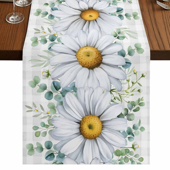 Table Runners 36 Inches Long Dress Scarves, Daisy Farmhouse Kitchen Table Runner, Short Coffee Tablerunners, Spring Floral Grey Plaid Eucalyptus Leaves 13x36 Inch