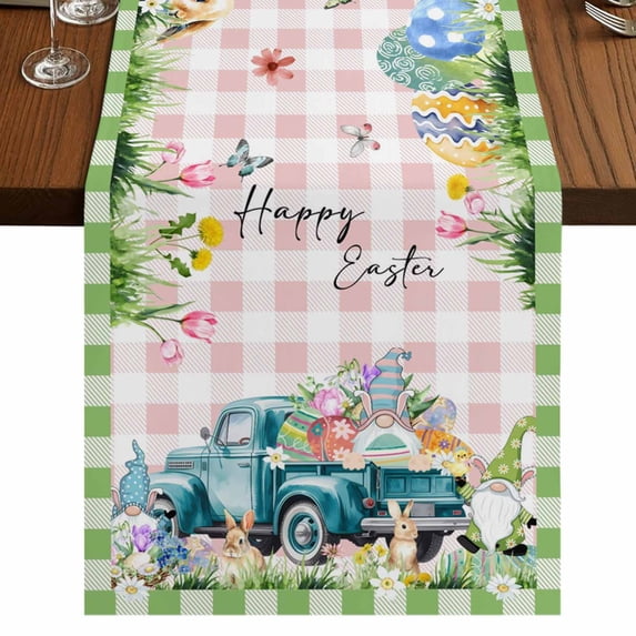 Table Runners 36 Inches Long Dress Scarves, Easter Farmhouse Kitchen Table Runner, Short Coffee Tablerunners, Green Pink Plaid Blue Truck Eggs Bunny Pastoral 13x36 Inch