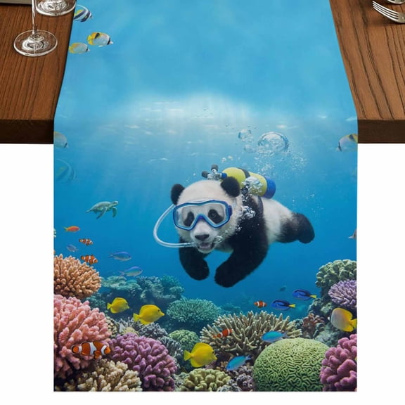 Table Runners 36 Inches Long Dress Scarves, Funny Diving Panda Farmhouse Kitchen/Dining Table Runner, Short Coffee Tablerunners, Ocean Sea Coastal Coral Fish Marine Life 13x36 Inch
