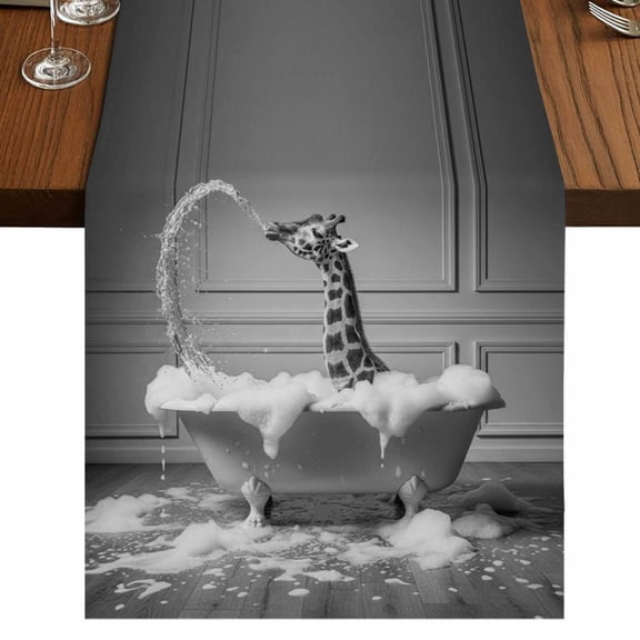 Giraffe 36 Inch Table Runner, Funny Animal Bathtub Abstract Art Grey Farmhouse Dresser Scarf Cotton & Linen Tablerunner for Dining/Kitchen Island/Holiday Party Décor Small 13" x 36"