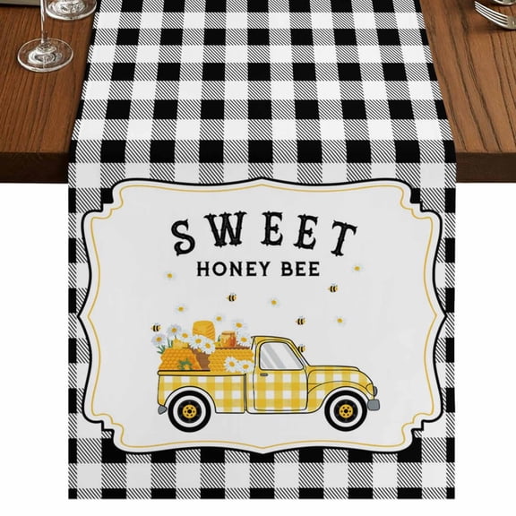 Table Runners 36 Inches Long Dress Scarves, Gnomes Bees Farmhouse Kitchen/Dining Table Runner, Short Coffee Tablerunners, Spring Sunflowers Honey Daisy Black Plaid 13x36 Inch