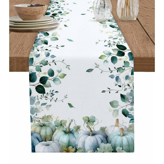 Table Runners 36 Inches Long Dress Scarves, Green Blue Fall Farmhouse Kitchen/Dining Table Runner, Short Coffee Tablerunners, Vintage Pumpkins Thanksgiving Botanical 13x36 Inch
