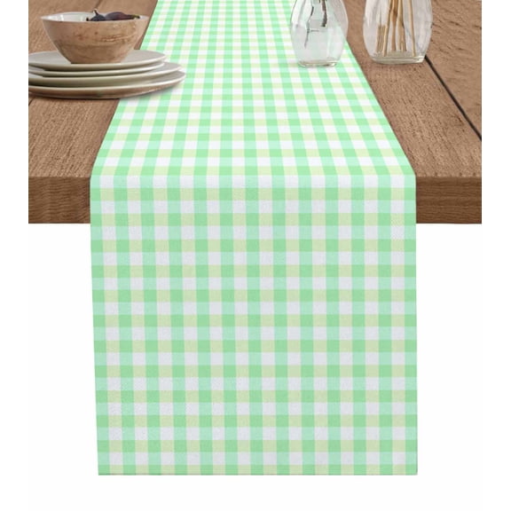 Table Runners 36 Inches Long Dress Scarves, Green Grid Farmhouse Kitchen/Dining Table Runner, Short Coffee Tablerunners, Checkered Plaid Gingham Lattice Trellis Print 13x36 Inch