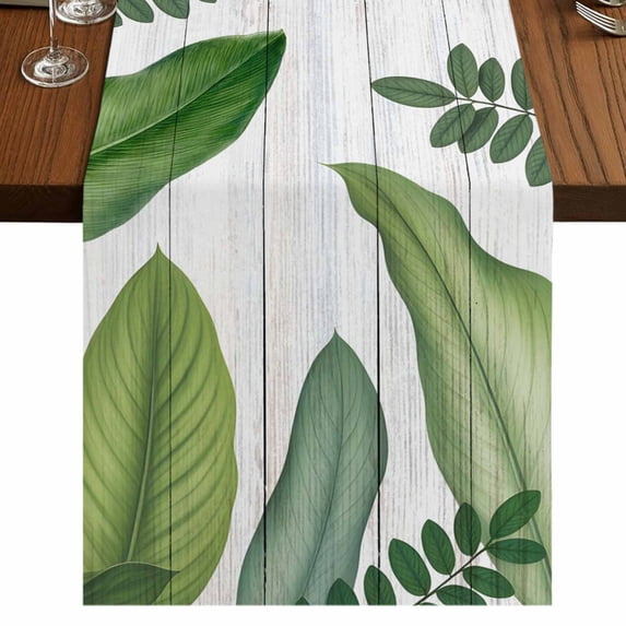 Table Runners 36 Inches Long Dress Scarves, Green Leaves Farmhouse Kitchen/Dining Table Runner, Short Coffee Tablerunners, Tropical Summer Botanical Watercolor Elegant Wooden 13x36 Inch