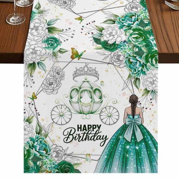Table Runners 36 Inches Long Dress Scarves, Happy Birthday Farmhouse Kitchen/Dining Table Runner, Short Coffee Tablerunners, Green Luxury Dress Crown Carriage Flowers 13x36 Inch