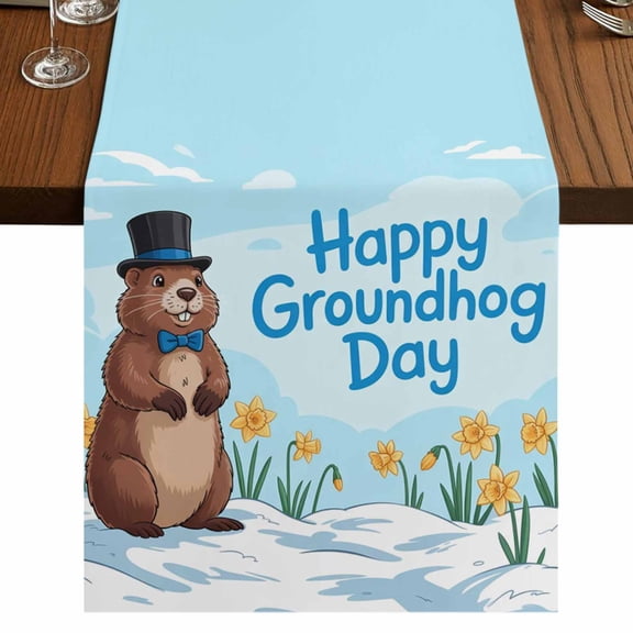 Table Runners 36 Inches Long Dress Scarves, Happy Groundhog Day Farmhouse Kitchen/Dining Table Runner, Short Coffee Tablerunners, Cartoon Cute Ground Hog Flowers Sky Blue 13x36 Inch